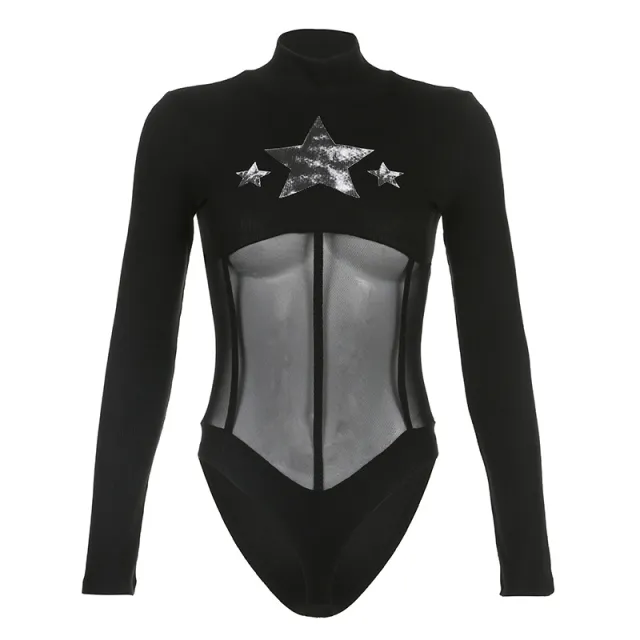 Tuned Waist Tight Thin Five Pointed Star Printed Knitted Top Black - Shop at LoveMi