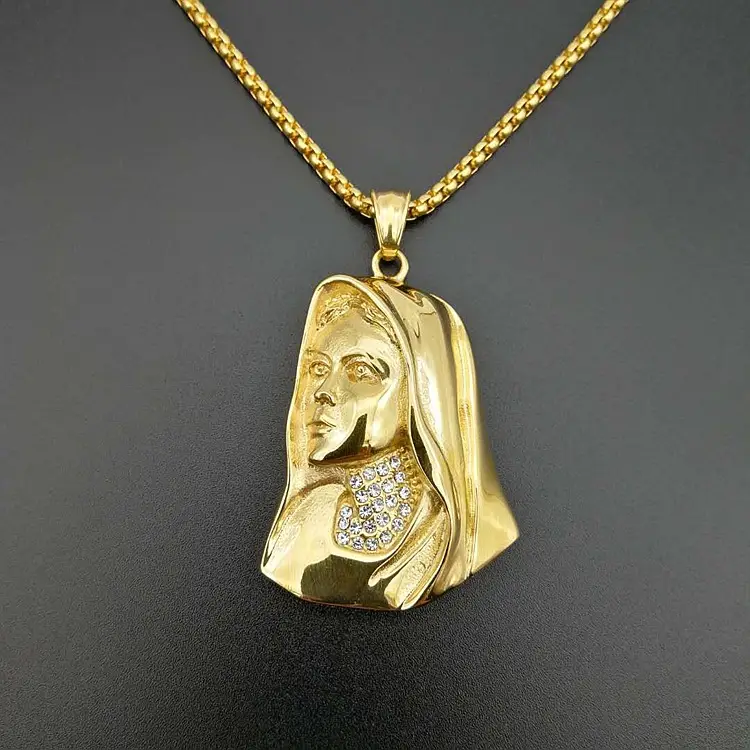 Virgin Mary Pendant With Gold And Zircon In Titanium Steel Furnace