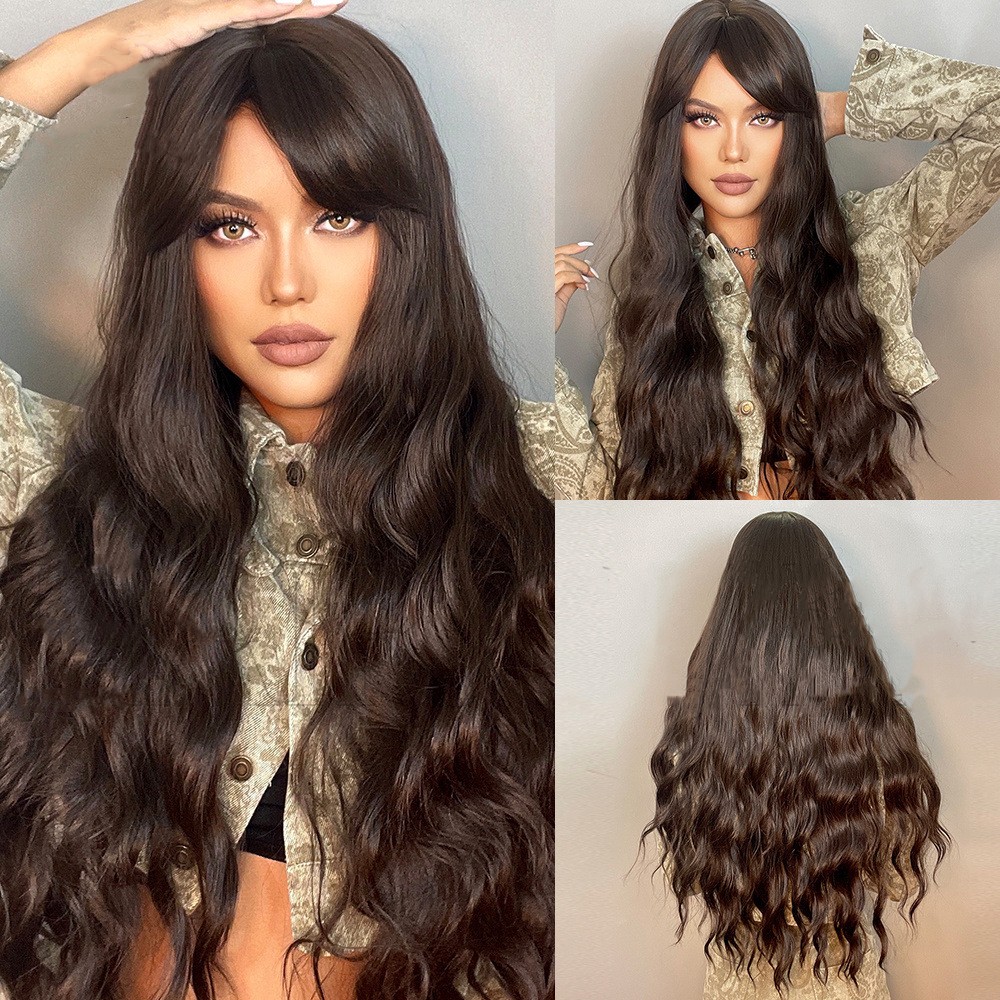 High Temperature Silk Wig With Long Curly Bangs Dark Brown - Shop at LoveMi