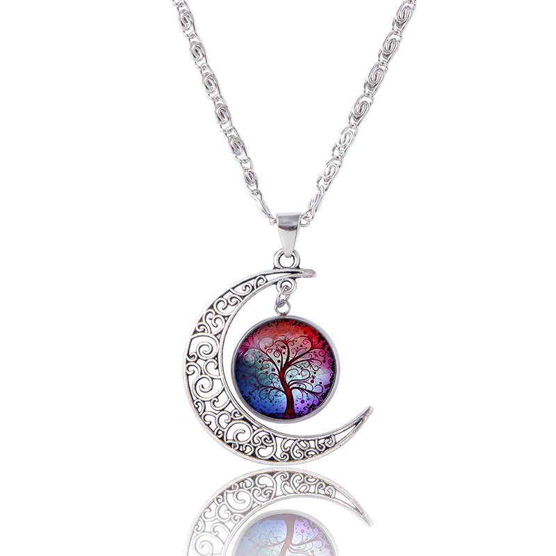 Colorful Tree Of Life Glass Necklace For Women Girls Vintage Hollow Moon Pendant Necklace Birthday Jewelry