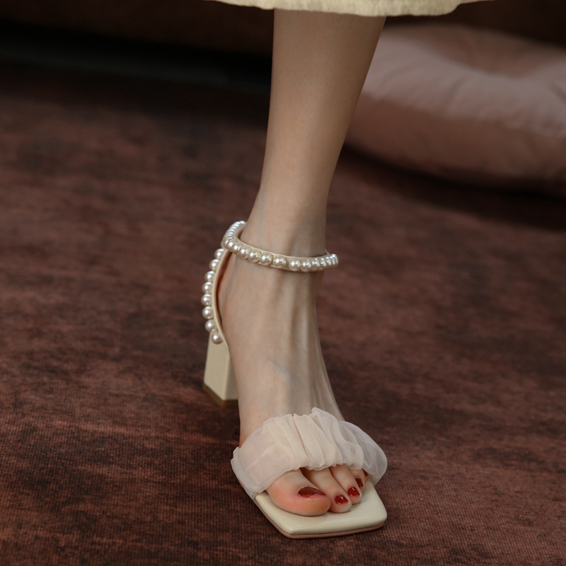 Mesh French Pearls With Chunky Heel Roman Sandals