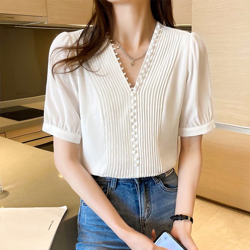 Women's Design V-Neck Western Chiffon Shirt With Short Sleeves