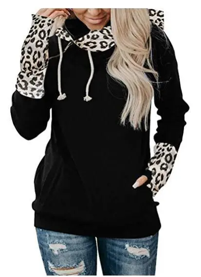 Women's Printed Stitching Thickened Versatile Hooded Sweater Black Leopard Print - Shop at LoveMi