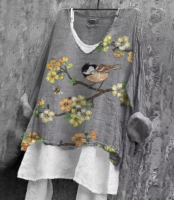 Women's Flower & Bird Patch Art V-neck Shirt