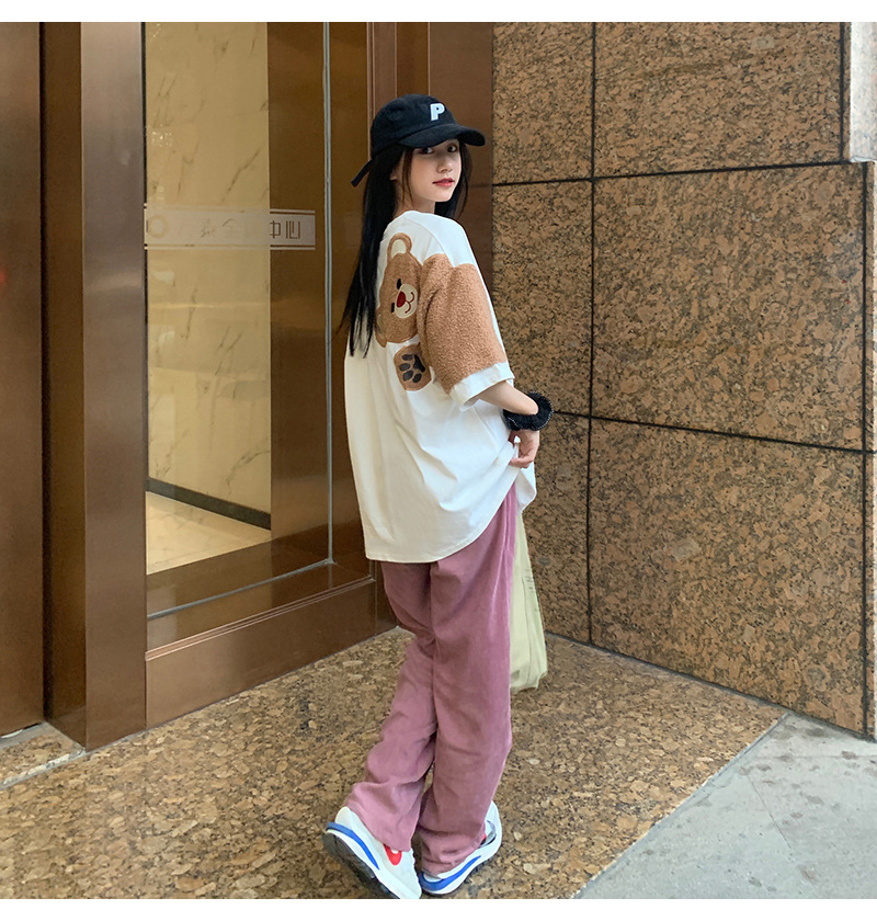 Women's Cute Towel Embroidered Bear Short Sleeve T-Shirt