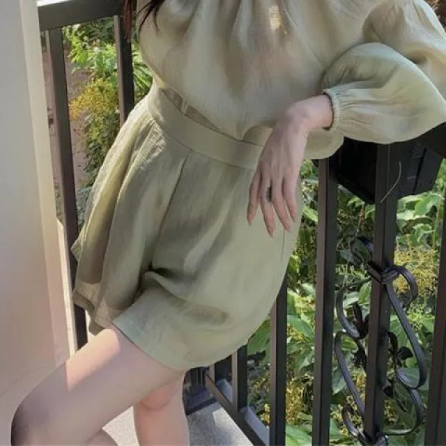 Design Sense Pleated Off the shoulder Puff Sleeves Korean Style Small Shirt Green Pants - Shop at LoveMi