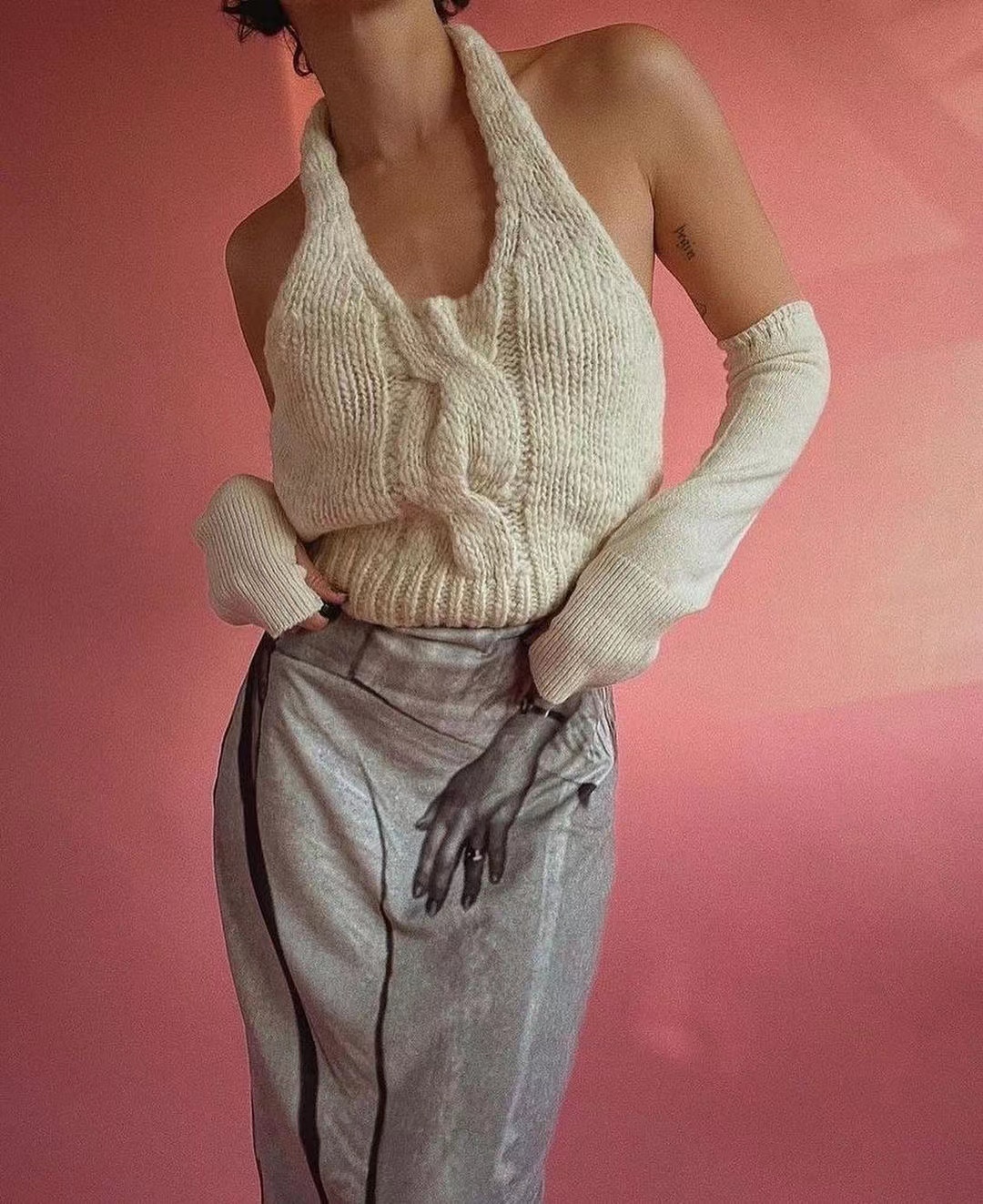 Ladies Off Shoulder Halter Sling Gloves Sweater Knitwear