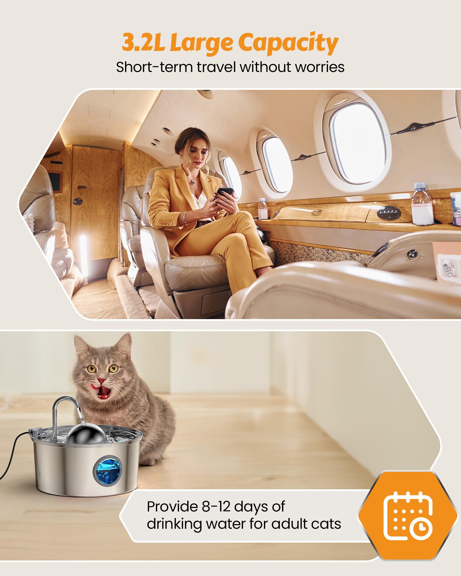 At Water Fountain Stainless Steel, 108oz 3.2L Cat Fountain, Pet Water Fountain With Water Level Window, Hemispherical Shape, Multi-Filter, Silent Pump, Water Tap, Provides Flowing Water thumbnail 9