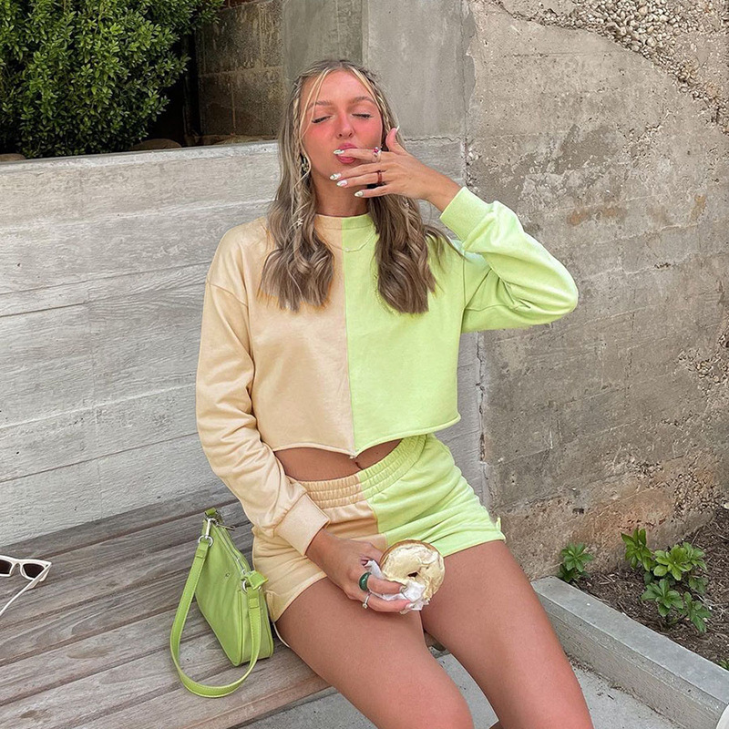 Contrasting Color Stitching Long-sleeved Sweater High Waist Bag Hip Shorts Casual Suit