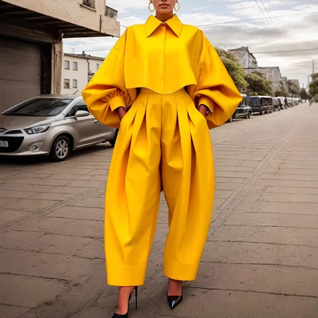 Women's Casual Work Set Bell Long Sleeve Shirt Harem Pant Outfits Yellow - Shop at LoveMi