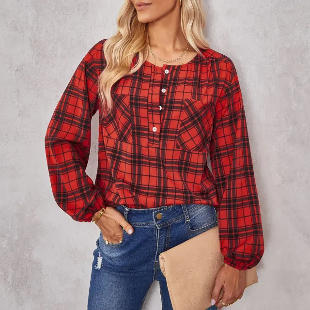 Women's Fashion Plaid Round Neck Shirt Red - Shop at LoveMi