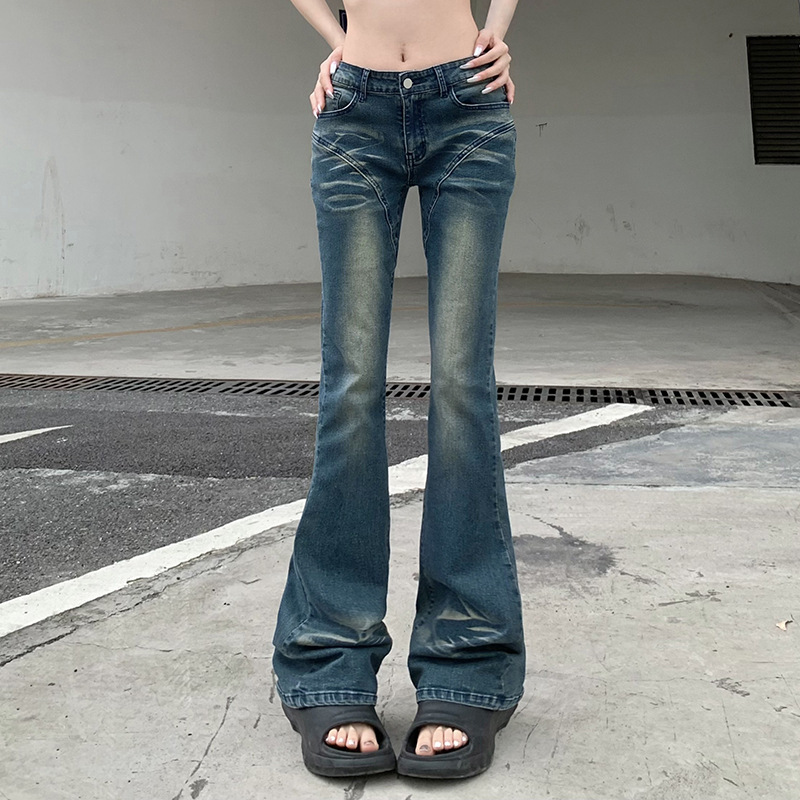 Cross border Street Style Design Sense Gradient Split Splicing Flared Pants Spicy Girls High Waist Skinny Washed Jeans Blue - Shop at LoveMi