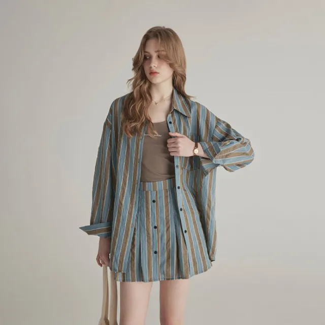 Summer High grade Sun proof Set Women's Loose Design Light Striped Shirt Top Temperament Waist controlled Short Skirt Coffee - Shop at LoveMi