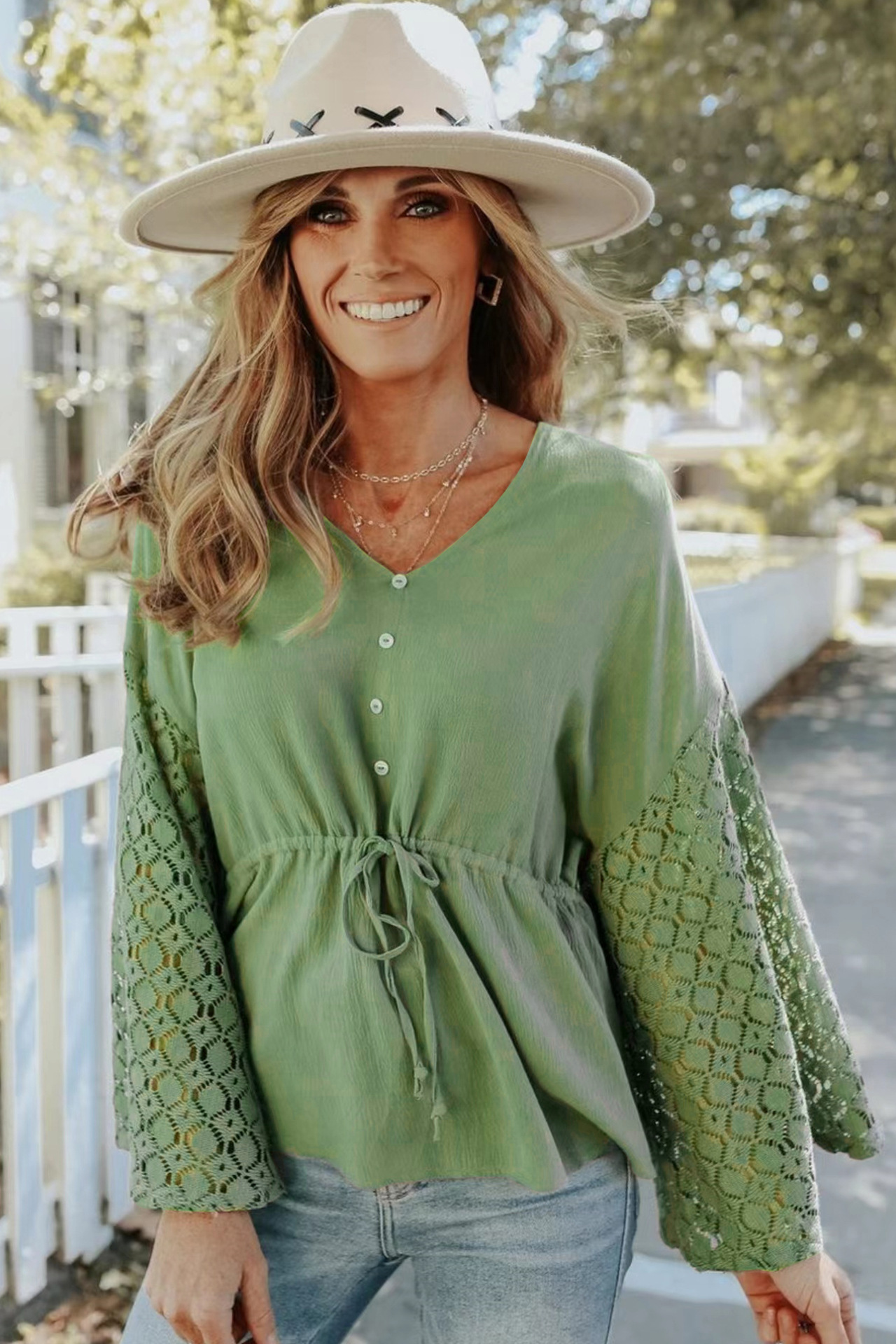 Women's Chiffon Buttoned Hollow Long Sleeve Shirt