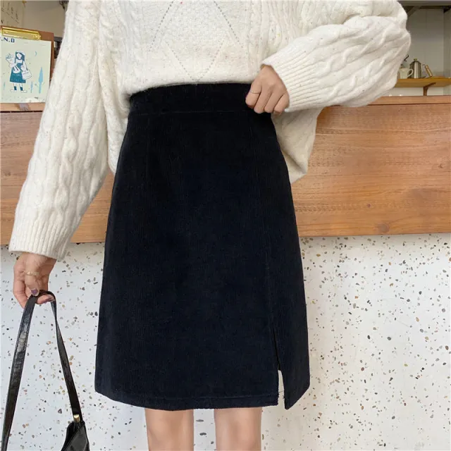 Plus Size Corduroy Skirt With High Waist Slits Black - Shop at LoveMi
