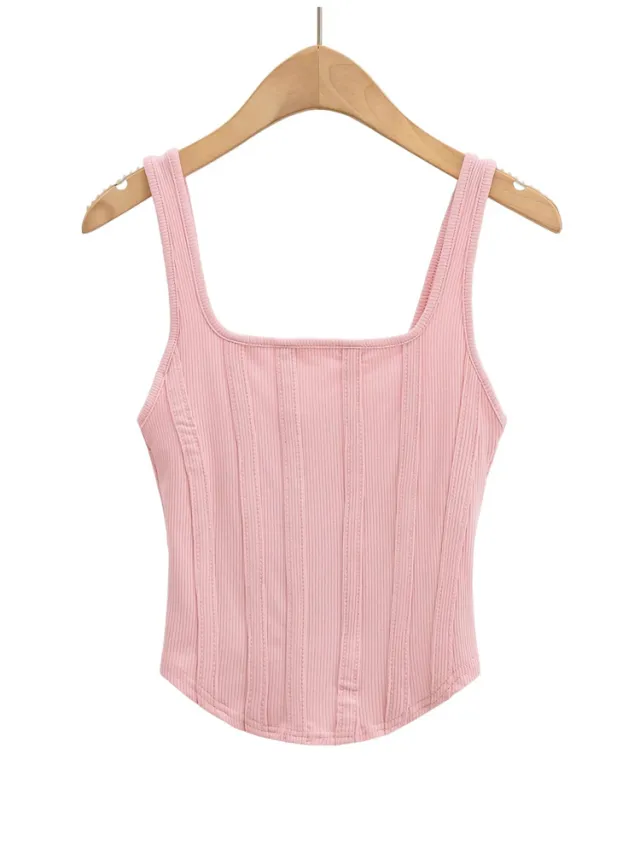 Slim Fit Striped Square Neck Solid Color Sleeveless Tank Top Pink - Shop at LoveMi