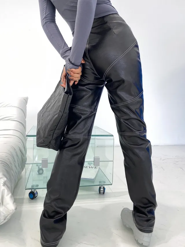 Fashion Stretch High end Design Exposed Leather Pants Black - Shop at LoveMi
