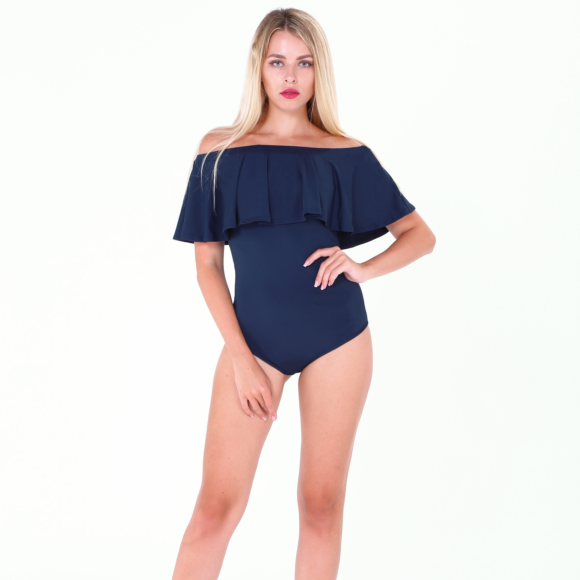 Women's Simple Solid Color Ruffle Tight One Piece Swimsuit Blue - Shop at LoveMi