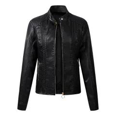 Long Sleeve Ladies Leather Jacket Pu Leather Women Short - Black - View 1