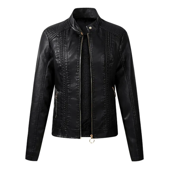 Long Sleeve Ladies Leather Jacket Pu Leather Women Short Black - Shop at LoveMi