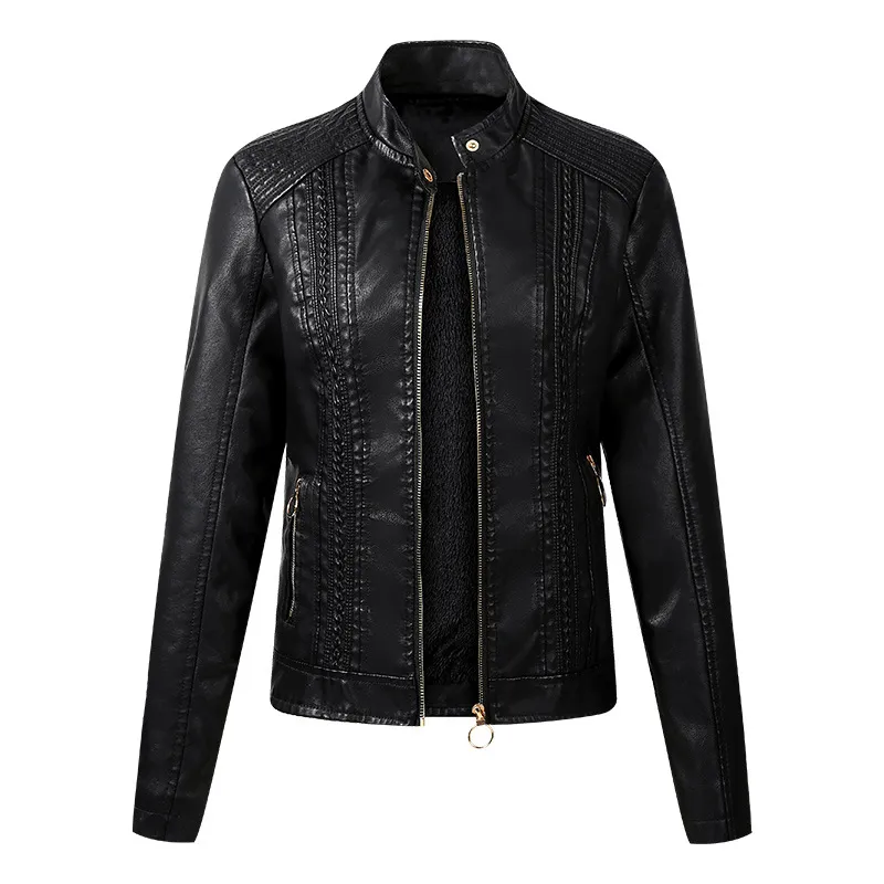 Long Sleeve Ladies Leather Jacket Pu Leather Women Short - Black
