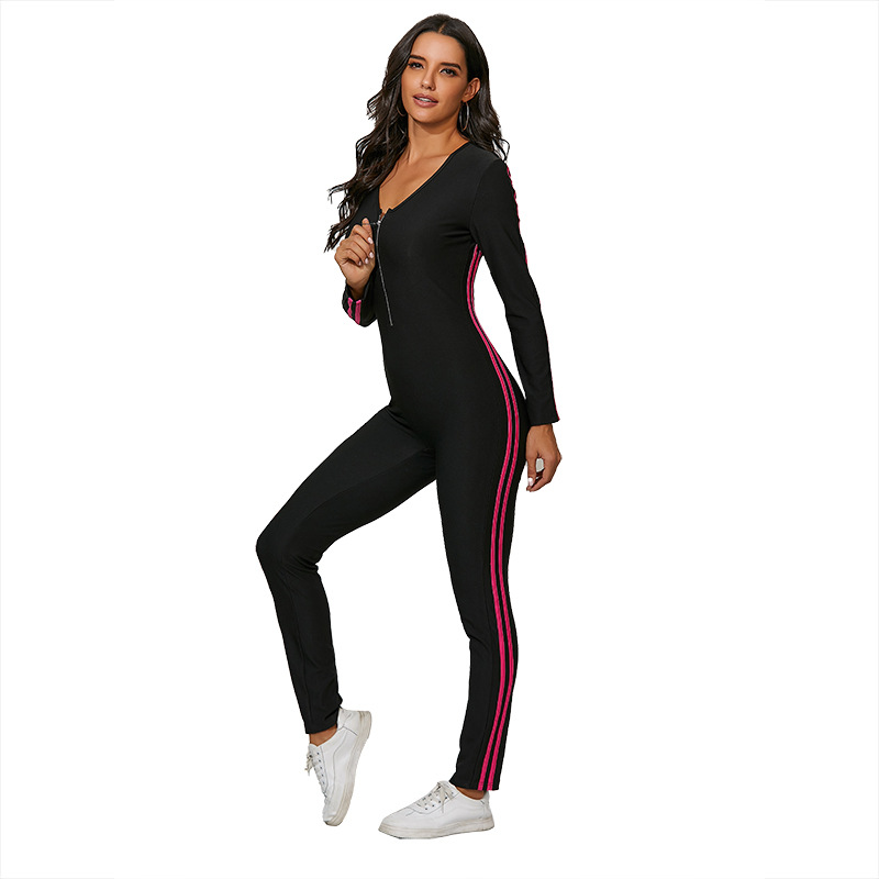Fashionable Zipper Stripe Printed Skinny Long Sleeve Sports Jumpsuit