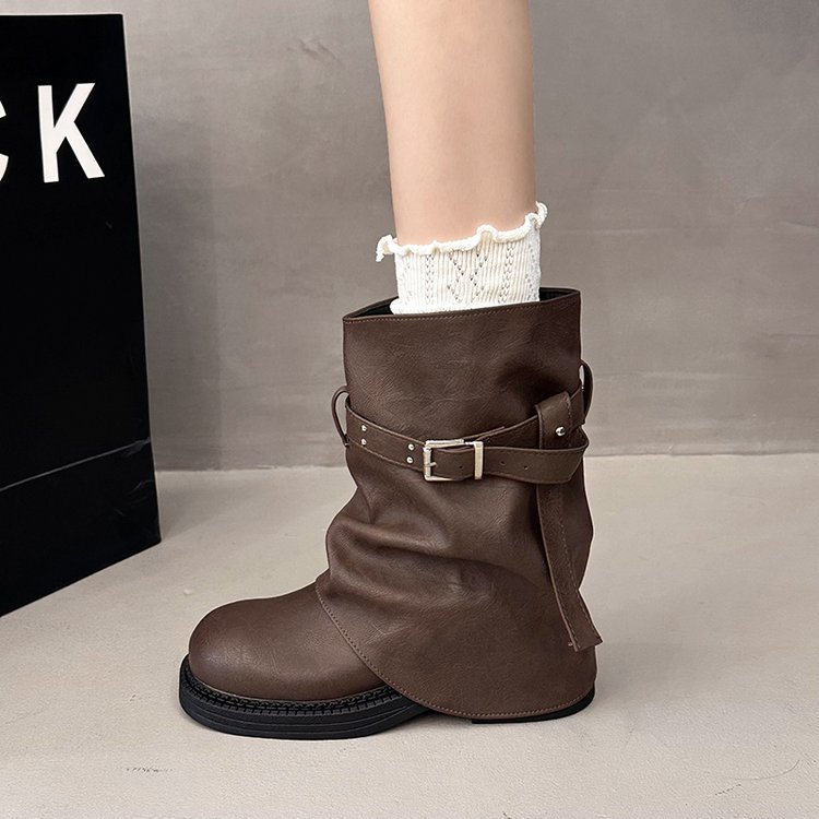 2026 Autumn New Women's Vintage Suede Stacked Boots Pleated Trouser Style, Slimming MidCalf Short Boots With An Edgy Vibe