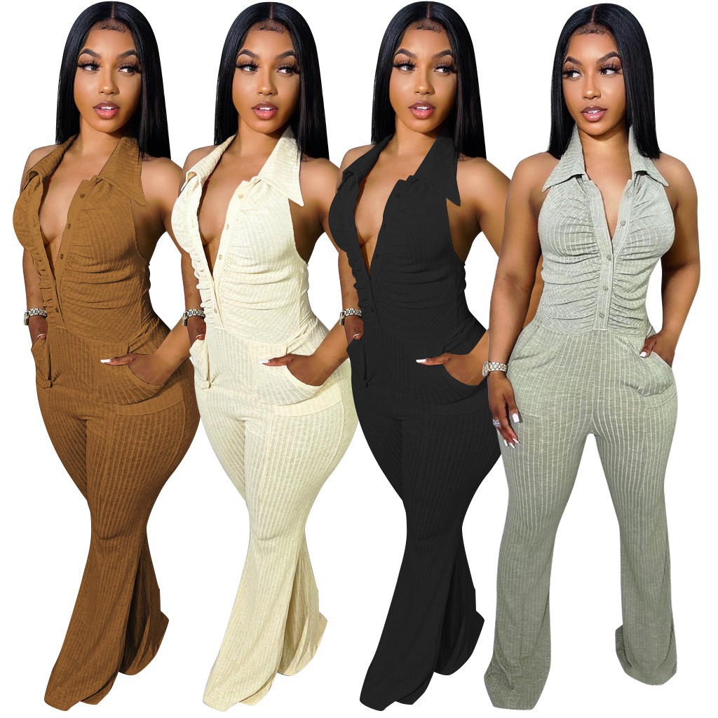 Women’s Solid Color Halter Neck Lapel Jumpsuit