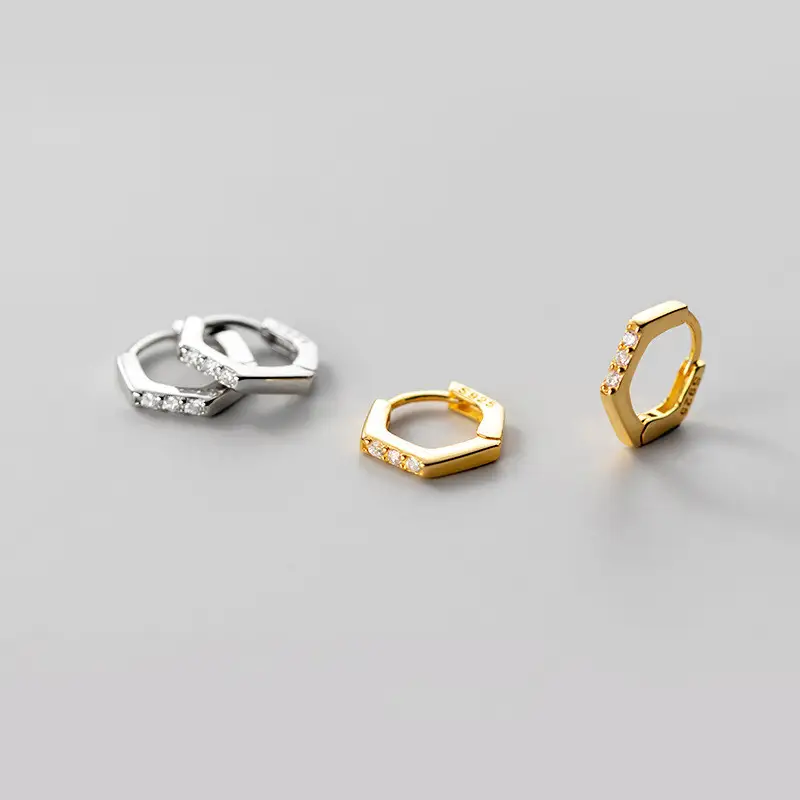 S925 Silver Hexagonal Ear Bone Hoop Row Drill Earrings Women