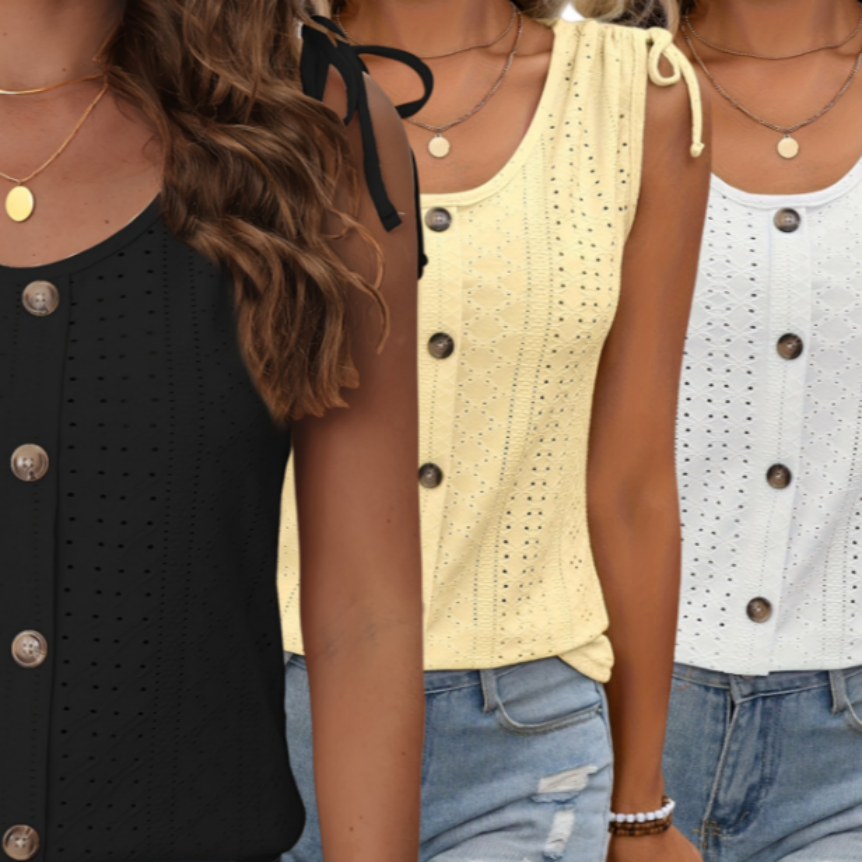 Eyelet Button Front Tank Top, Casual Sleeveless Tank Top For Summer, Women's Clothing 3PCS Set