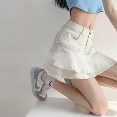 Women's White High Waist Denim Skirt - White - View 1