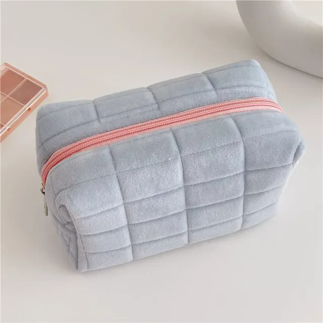 Plush Makeup Bag Checkered Cosmetic Bag Cosmetic Travel Bag Large Zipper Travel Toiletry Bag Portable Multi Functional Capacity Bag Cute Makeup Bru... Blue - Shop at LoveMi