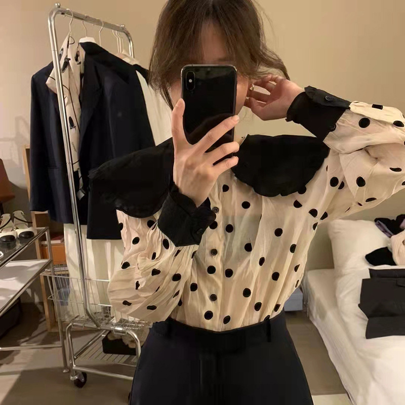 Design Sweet Lotus Leaf Collar Polka Dot Long Sleeve Shirt Women