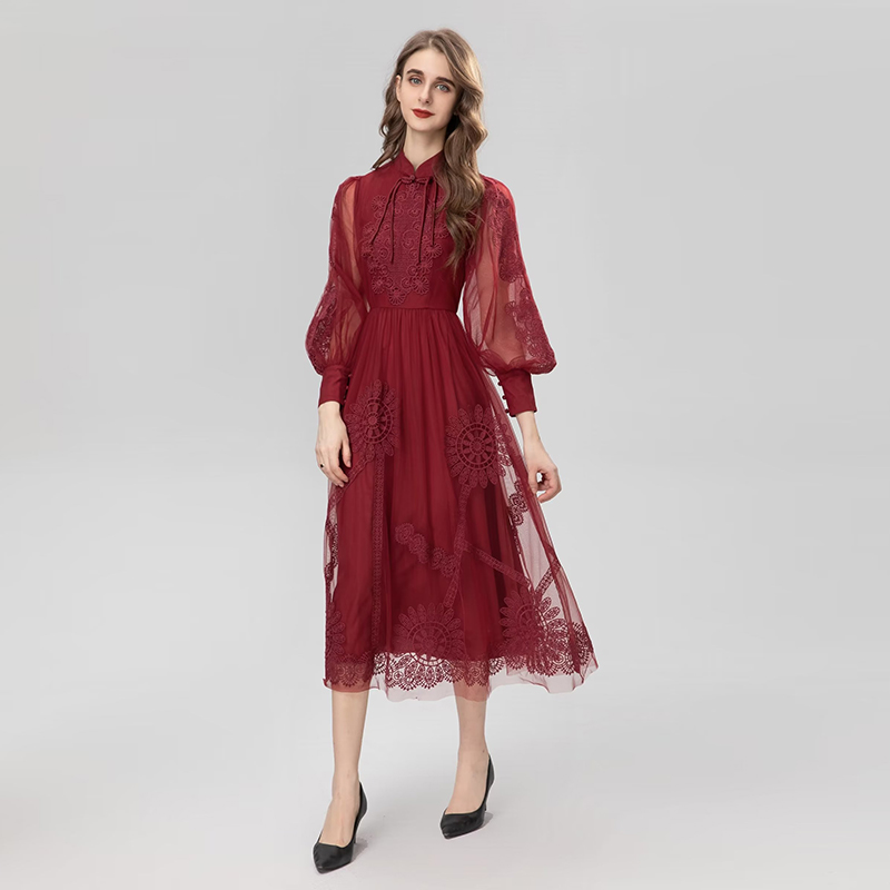 Waist Temperament Burgundy Dress Girl