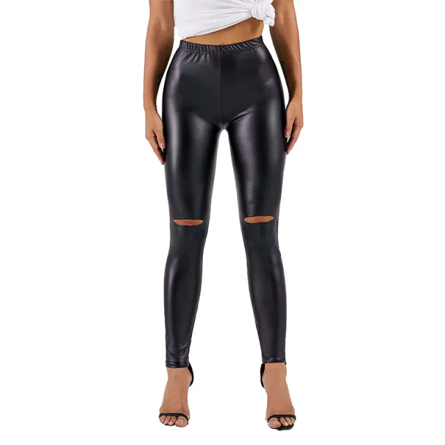 Tight Leather Pants Women High Waist Bright Color Sexy Ripped Leggings Black - Shop at LoveMi