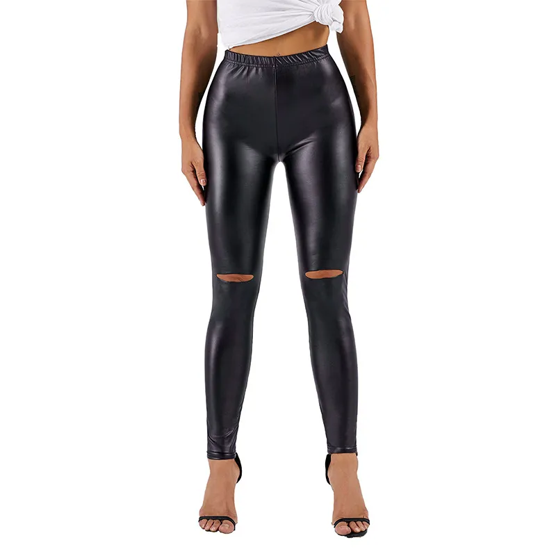 Tight Leather Pants Women High Waist Bright Color Sexy Ripped Leggings - Black