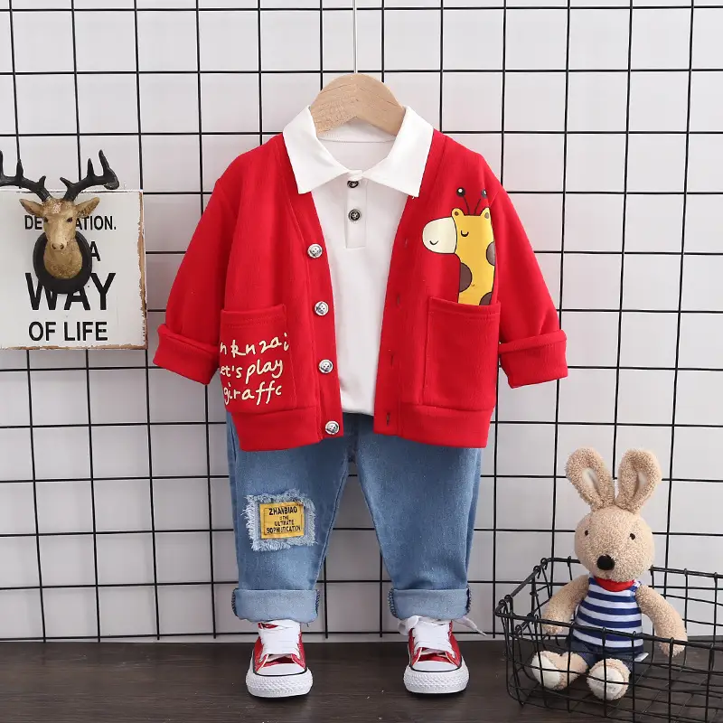 Cartoon Print Three-Piece Children's Clothing Set with Jacket, Shirt, and Jeans