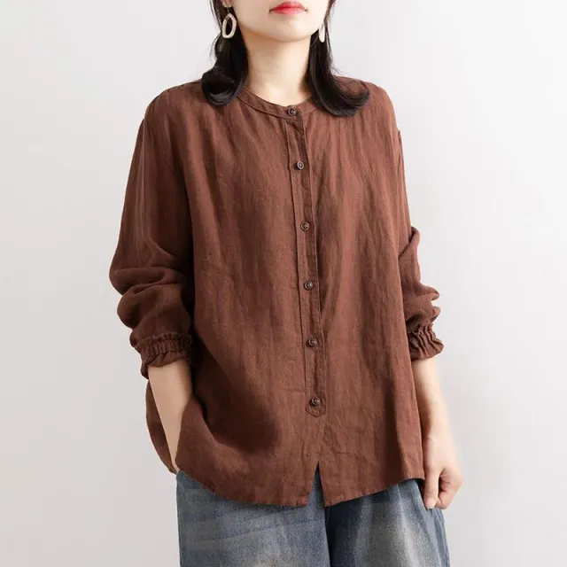 Renaissance Spring And Autumn Cotton And Hemp Shirts Dark Coffee Color - Shop at LoveMi