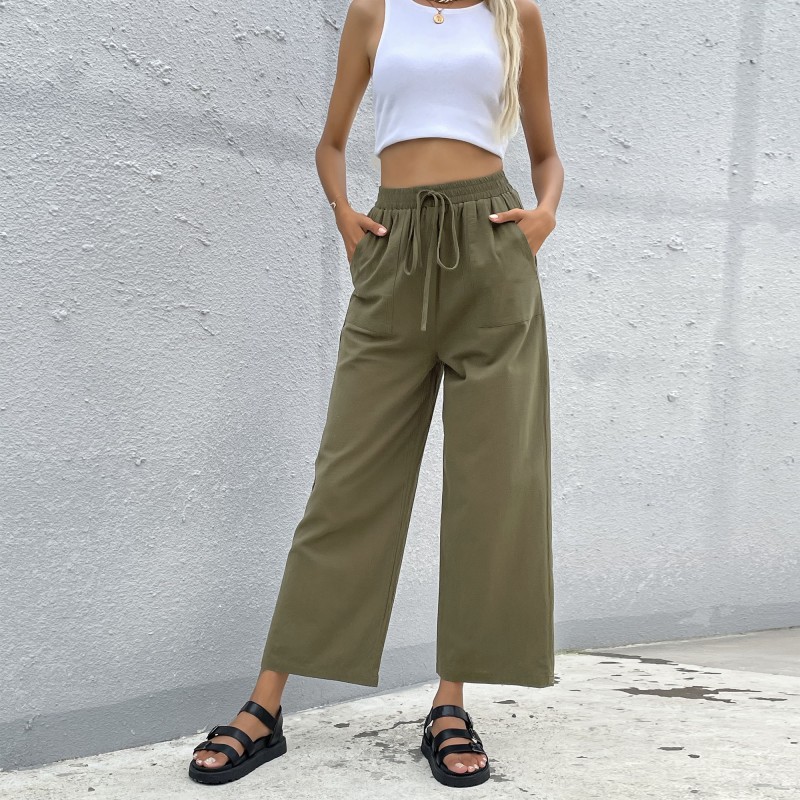 Cotton Drawstring Loose Solid Color Cotton Cropped Wide-leg Pants