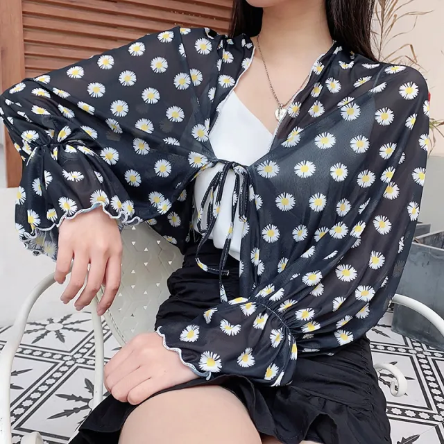 Sun Protection Clothing With Silk Scarf Women's Sun Protection Sleeves Daisy On Black - Shop at LoveMi