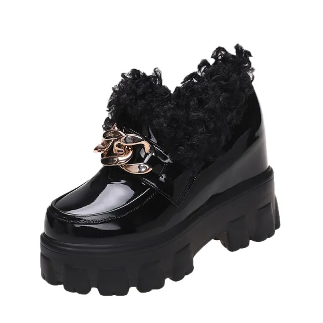 Fashion Plus Fluffy Mouth Thick Soled High Loafers Women Black - Shop at LoveMi