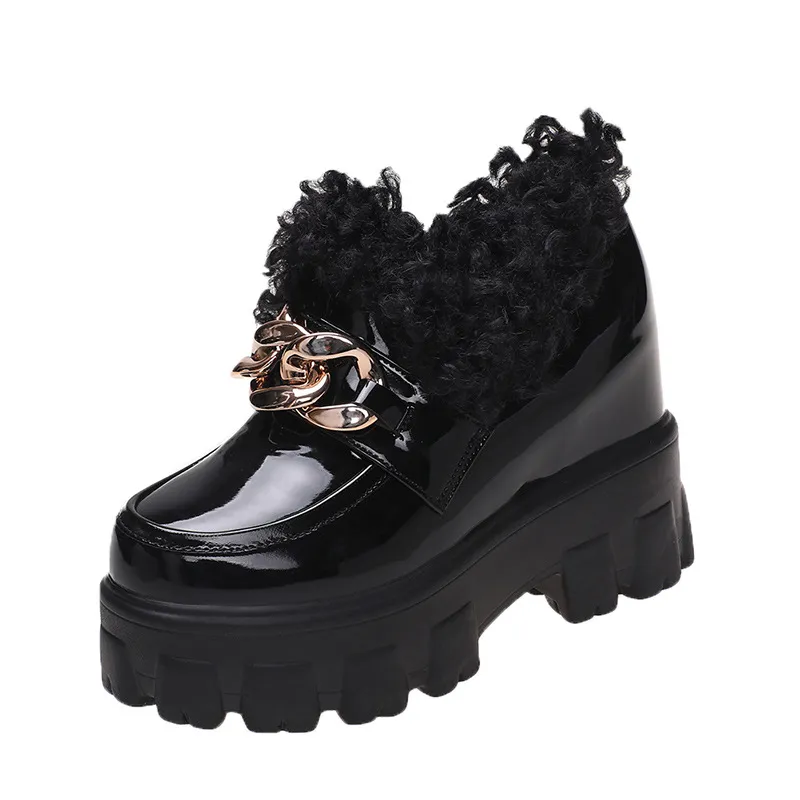 Fashion Plus Fluffy Mouth Thick Soled High Loafers Women - Black