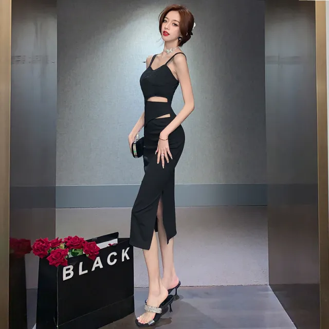 Hanging Strap Hollow Wrap Buttocks Dress For Women Black - Shop at LoveMi