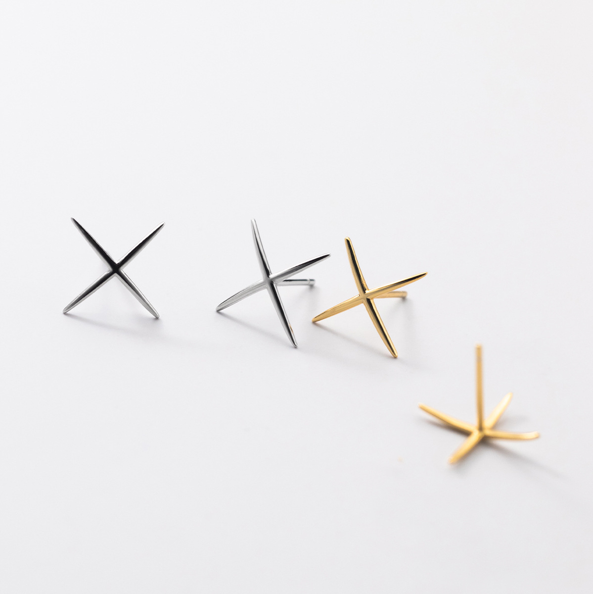 Women's Temperament Silver Glossy Line X-shaped Cross Stud Earrings