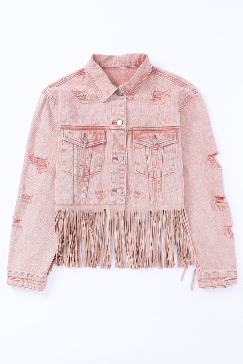 Stand up Collar Denim Coat Solid Color Tassel Stitching Design Women's Jacket Pink - Shop at LoveMi