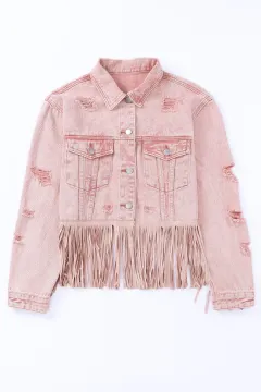 Stand-up Collar Denim Coat Solid Colour Tassel Stitching Design Women's Jacket - Pink - View 1