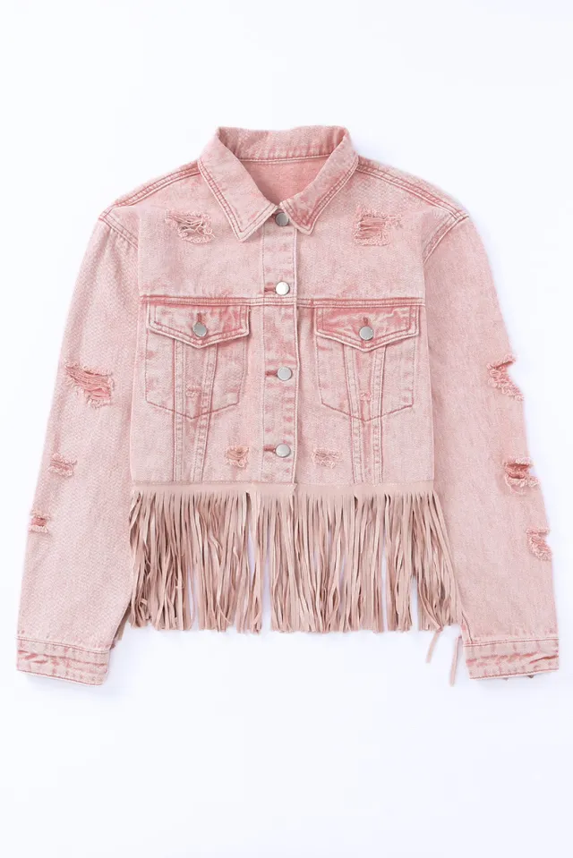 Stand up Collar Denim Coat Solid Color Tassel Stitching Design Women's Jacket Tan - Shop at LoveMi
