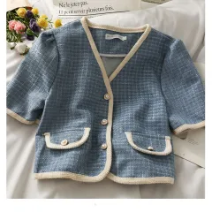 Fashion Ladies Plaid Bound Single-breasted Cropped Top - Blue - View 1
