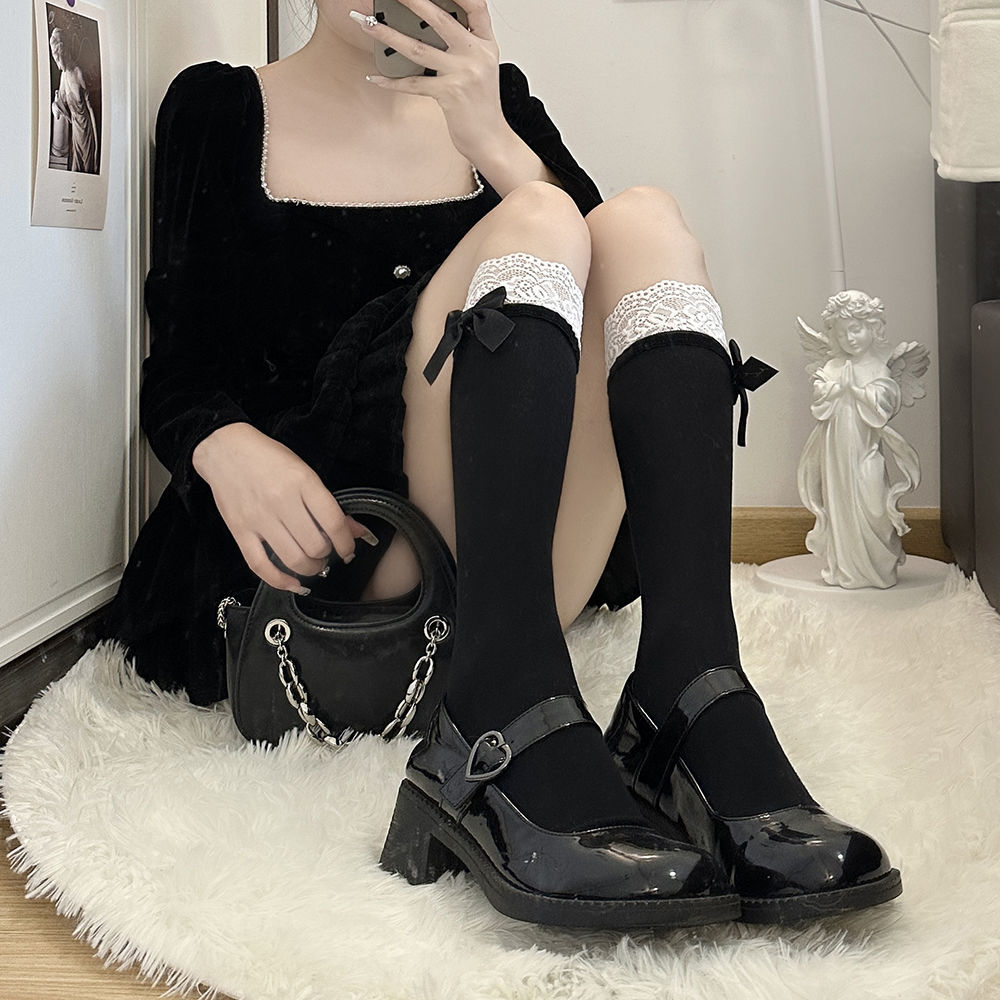Two-Way Wear Lace Bow Knee High Socks, Black & White Convertible Calf Stockings, Cute Lolita Coquette Aesthetic Legwear For Women
