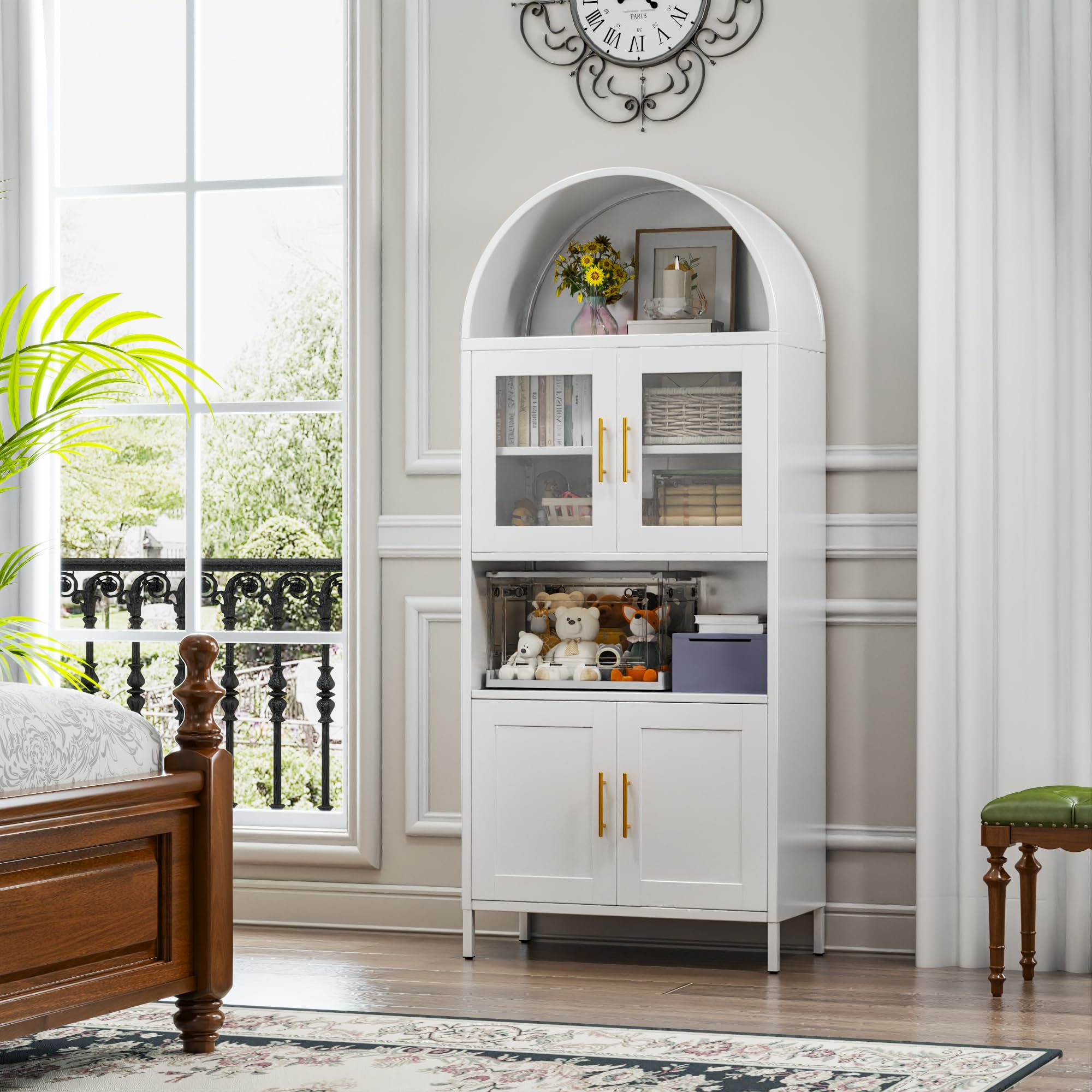 73inch Tall Arched Kitchen Pantry Cabinet With Doors, Metal Arched Hutch Cabinet For Kitchen, Dining Room, Living Room, Assembly Required, White